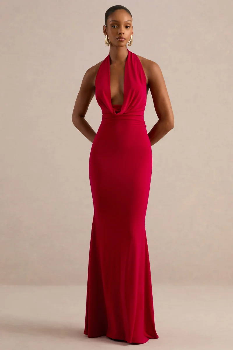 Milani | Vestido largo corte sirena rojo con escote drapeado y espalda descubierta - Imagen 6