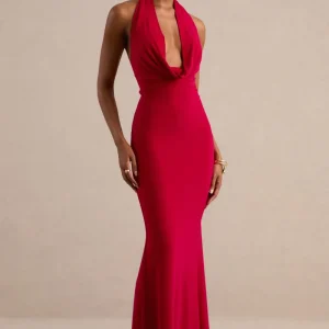 Milani | Vestido largo corte sirena rojo con escote drapeado y espalda descubierta