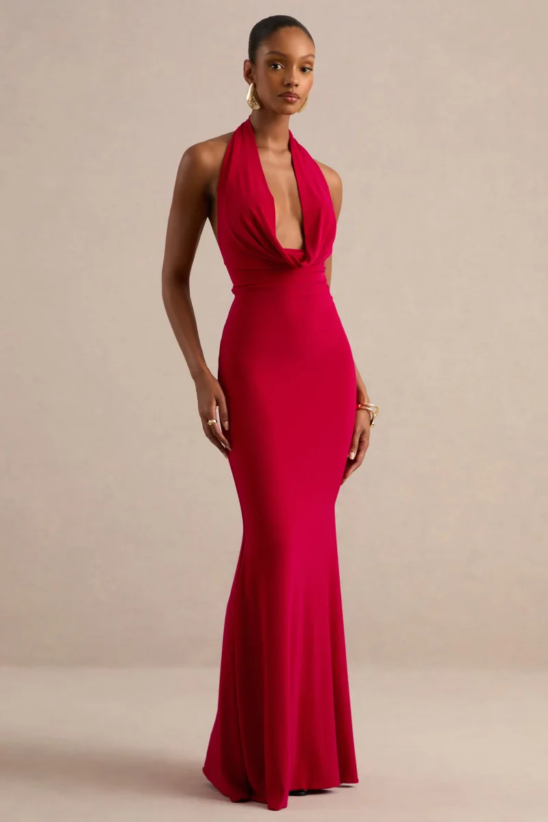 Milani | Vestido largo corte sirena rojo con escote drapeado y espalda descubierta