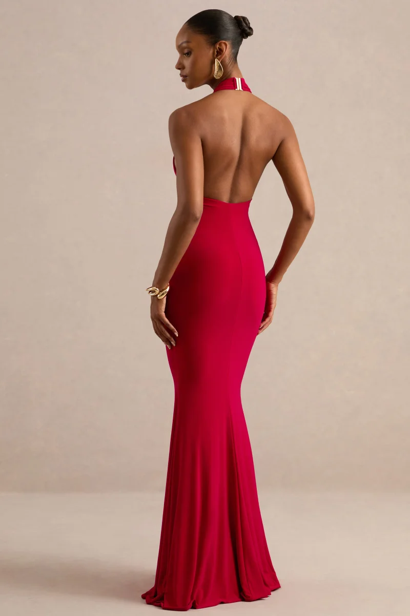 Milani | Vestido largo corte sirena rojo con escote drapeado y espalda descubierta - Imagen 3