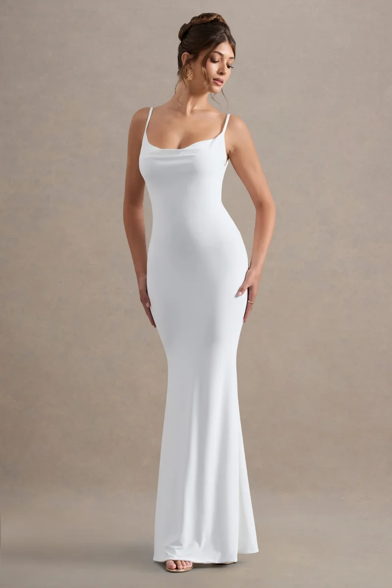 Francoise | Vestido largo Blanco con Escote Drapeado y Espalda Descubierta con Encaje - Imagen 3