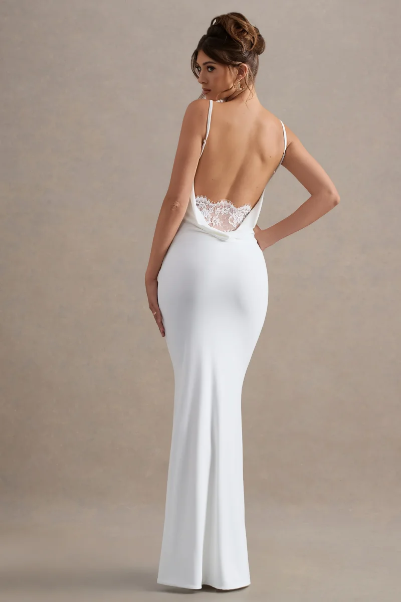 Francoise | Vestido largo Blanco con Escote Drapeado y Espalda Descubierta con Encaje - Imagen 2
