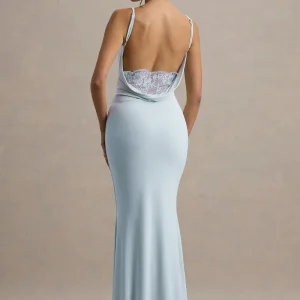 Francoise | Vestido Largo Azul Pastel Con Cuello Cowl, Espalda Descubierta E Inserción De Encaje