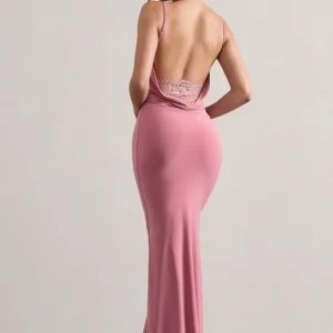 Francoise | Vestido Largo Rosa Palo De Cuello Drapeado Con Espalda Descubierta E Inserción De Encaje