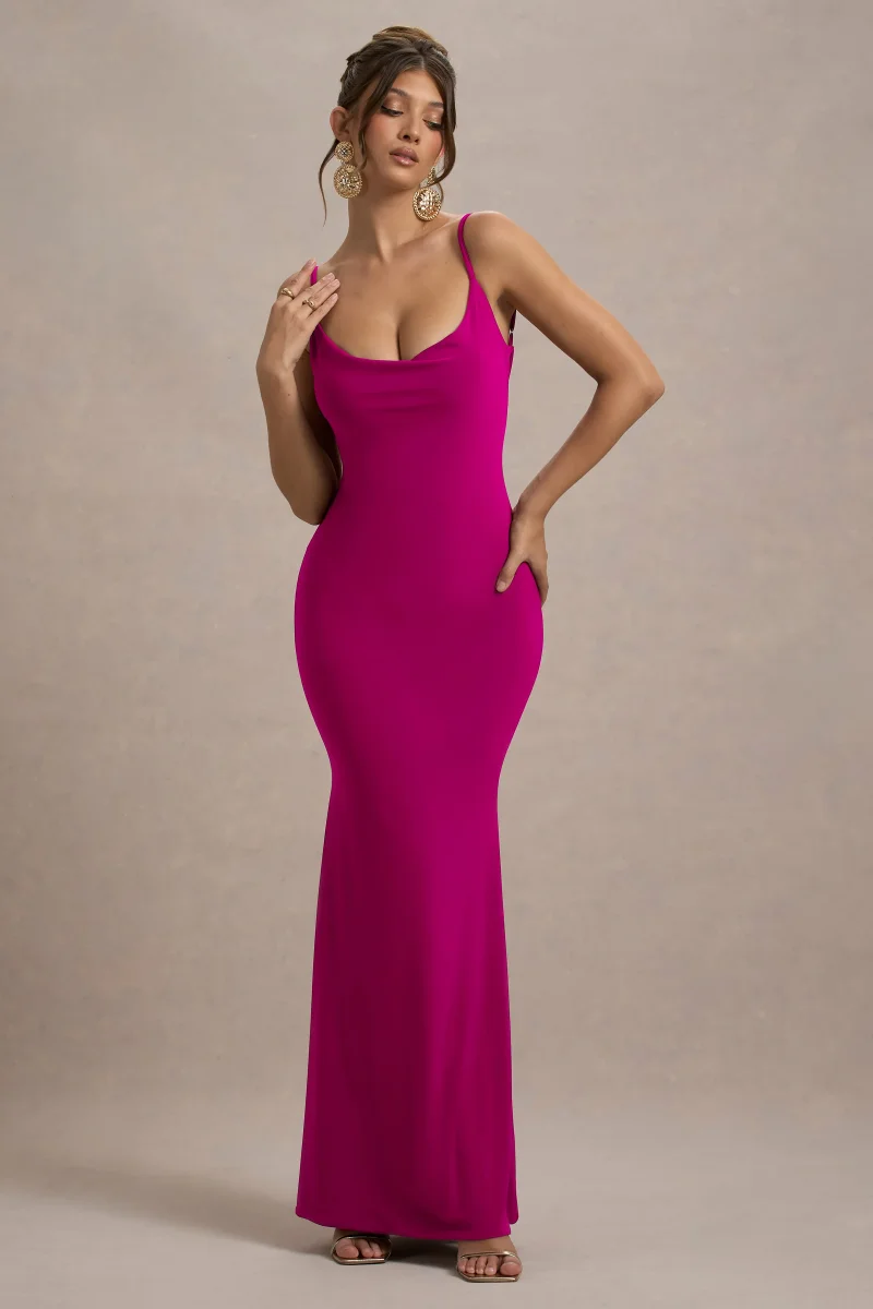 Francoise | Vestido Largo Rosa Oscuro Con Escote Cowl, Espalda Descubierta E Inserción De Encaje - Imagen 3