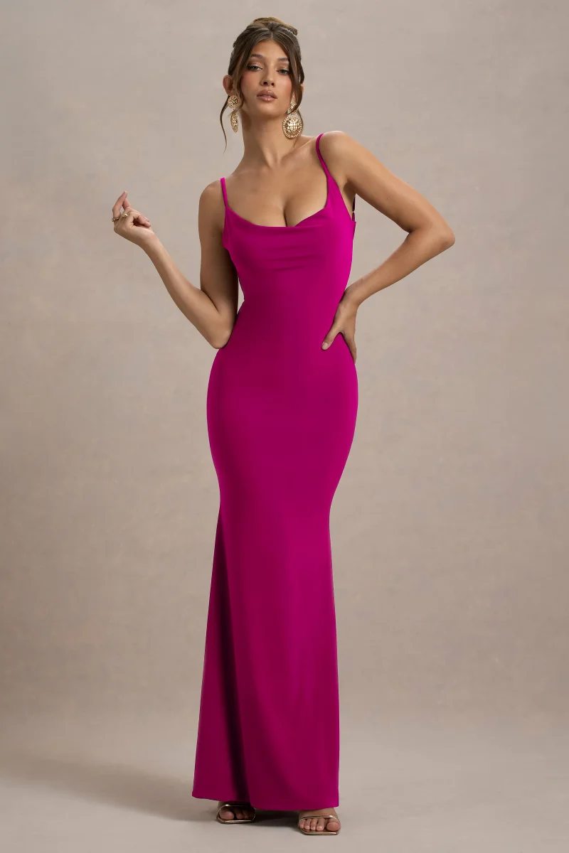 Francoise | Vestido Largo Rosa Oscuro Con Escote Cowl, Espalda Descubierta E Inserción De Encaje - Imagen 4