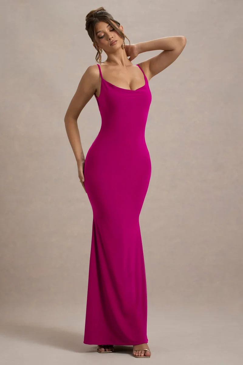 Francoise | Vestido Largo Rosa Oscuro Con Escote Cowl, Espalda Descubierta E Inserción De Encaje - Imagen 5