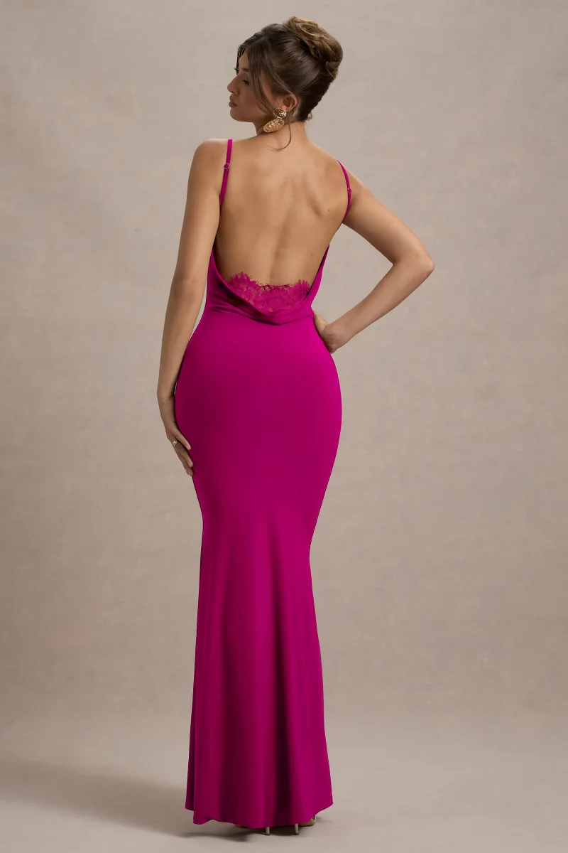 Francoise | Vestido Largo Rosa Oscuro Con Escote Cowl, Espalda Descubierta E Inserción De Encaje - Imagen 2