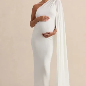 Amaryllis | Vestido Largo Blanco de premamá con una Manga y Capa