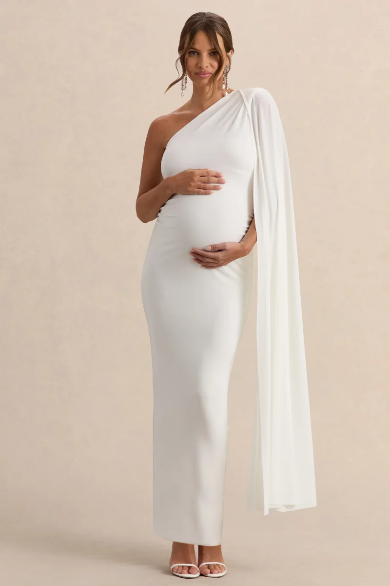 Amaryllis | Vestido Largo Blanco de premamá con una Manga y Capa - Imagen 2