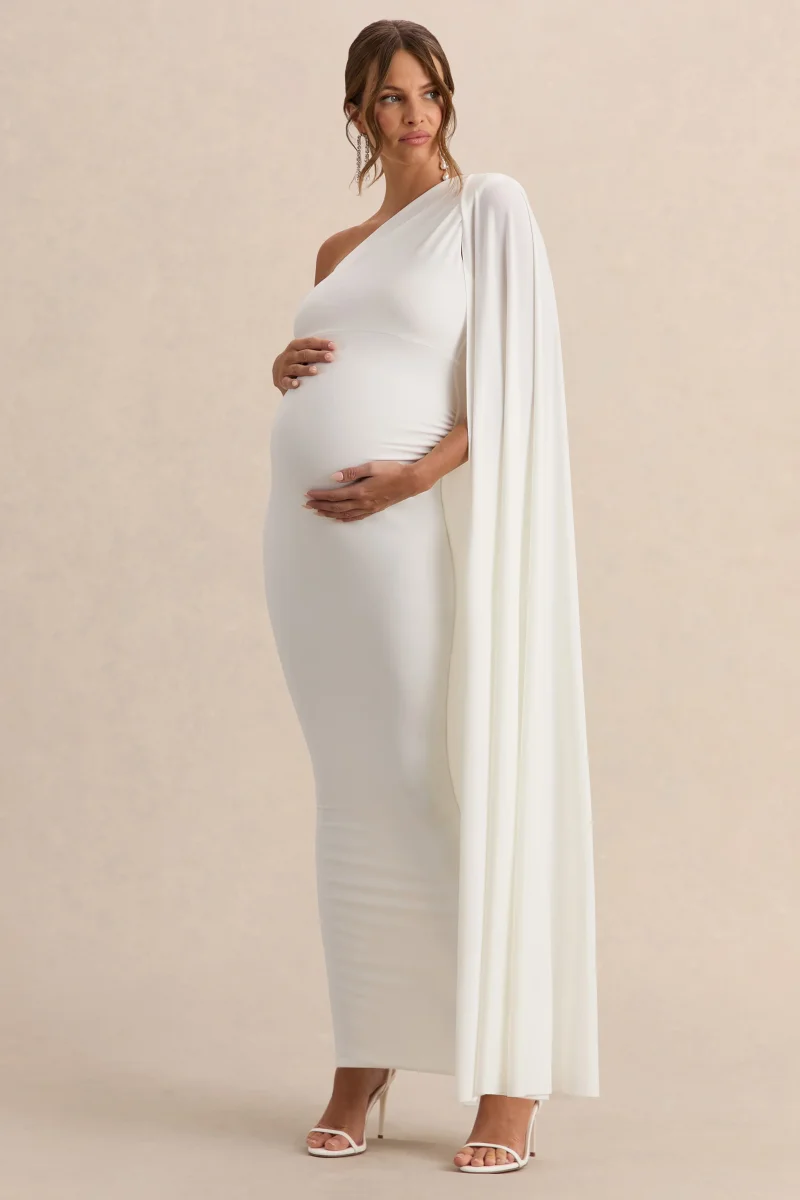 Amaryllis | Vestido Largo Blanco de premamá con una Manga y Capa - Imagen 6