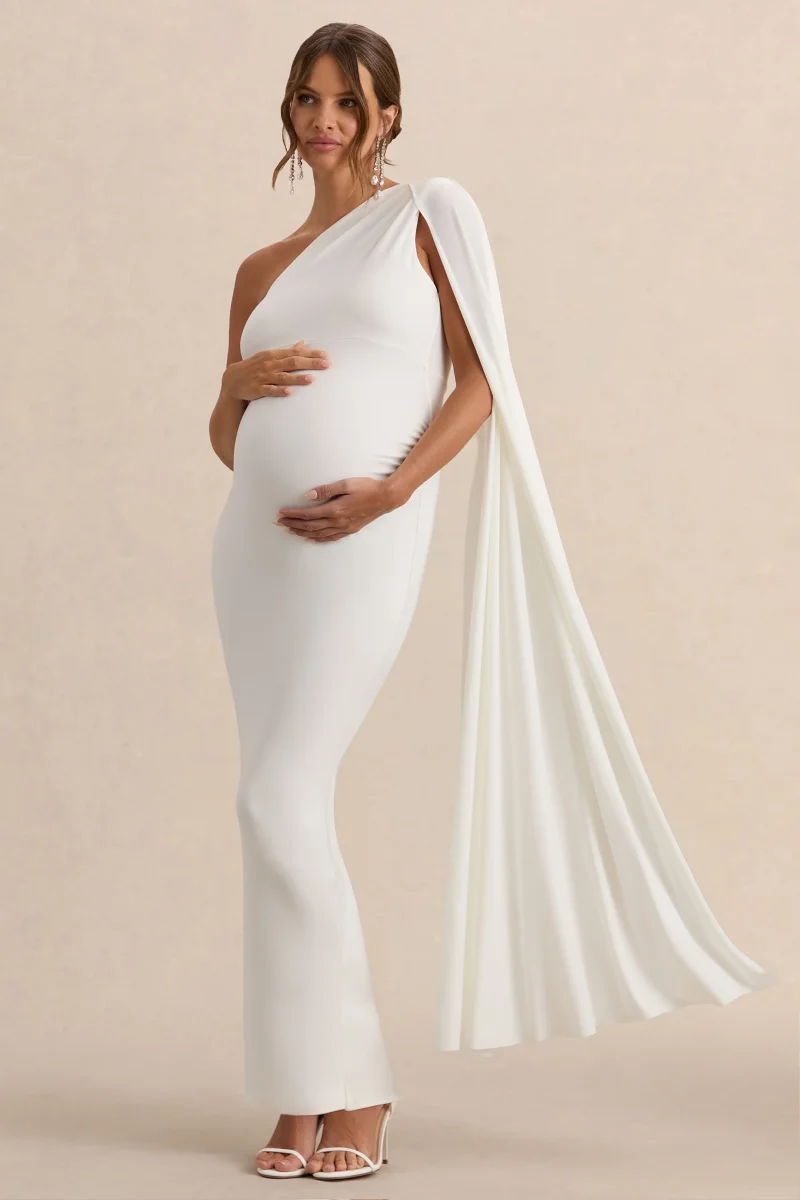 Amaryllis | Vestido Largo Blanco de premamá con una Manga y Capa - Imagen 5