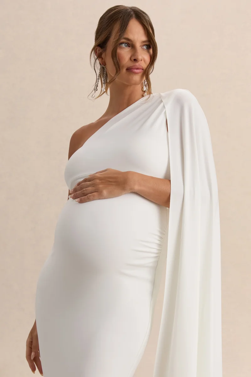 Amaryllis | Vestido Largo Blanco de premamá con una Manga y Capa - Imagen 4