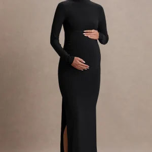 Alejandra | Vestido Largo de premamá en negro con mangas largas y abertura