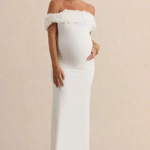 Inflorescence | Vestido largo de premamá con escote bardot de Flores blanco