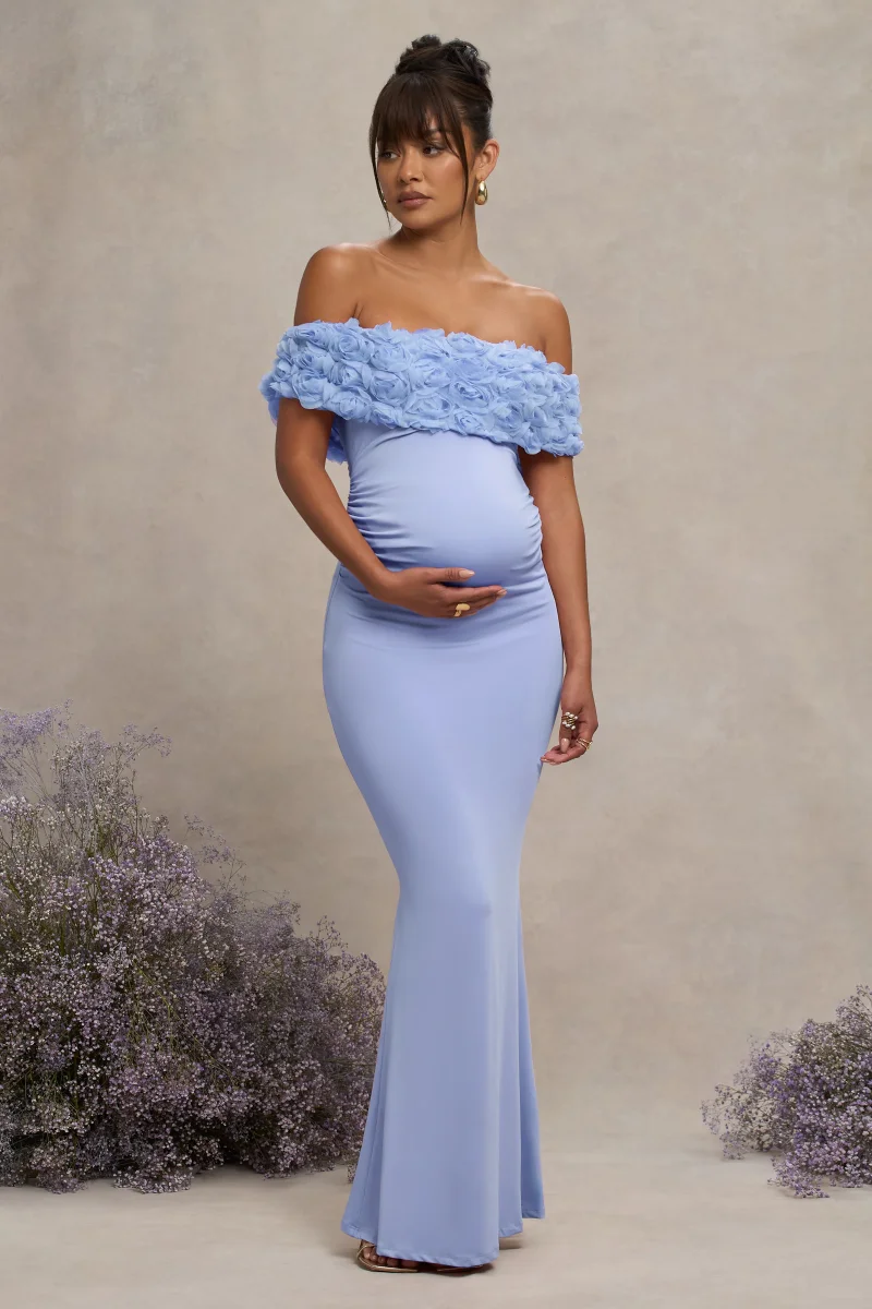 Inflorescence | Vestido Largo Premamá Azul Empolvado con Detalle Floral y Escote Bardot - Imagen 6