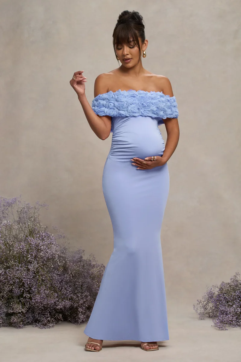 Inflorescence | Vestido Largo Premamá Azul Empolvado con Detalle Floral y Escote Bardot - Imagen 5