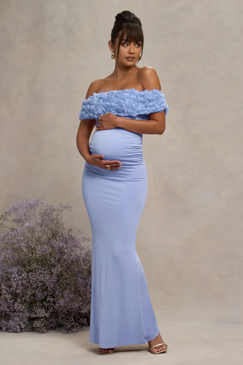 Inflorescence | Vestido Largo Premamá Azul Empolvado con Detalle Floral y Escote Bardot