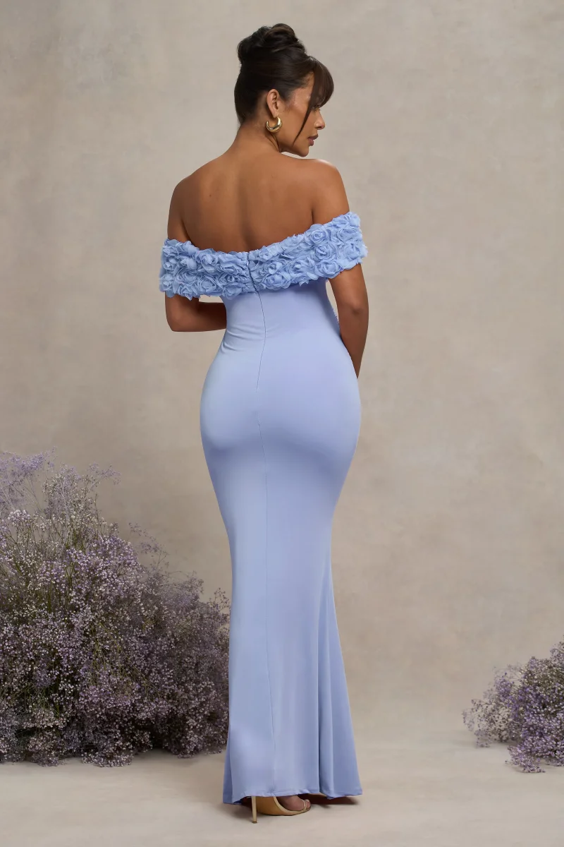 Inflorescence | Vestido Largo Premamá Azul Empolvado con Detalle Floral y Escote Bardot - Imagen 3
