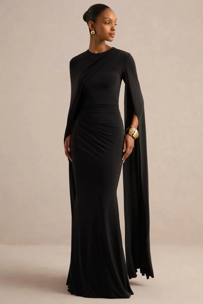 Magdelena | Vestido largo Asimétrico con Capa Negro - Imagen 4