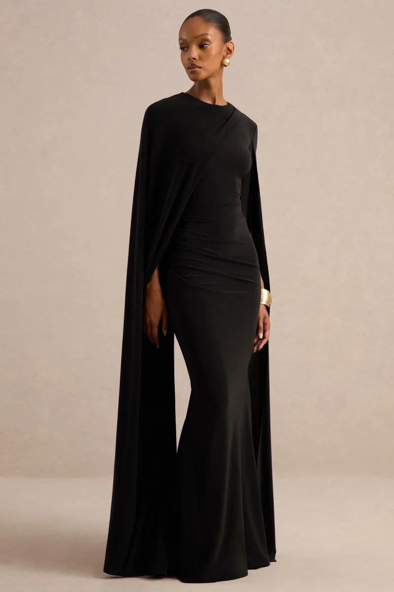 Magdelena | Vestido largo Asimétrico con Capa Negro - Imagen 6