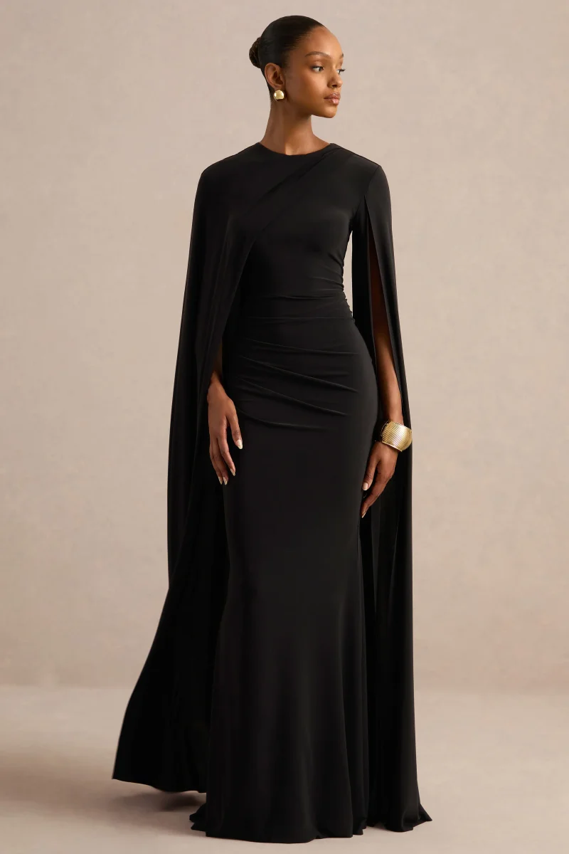 Magdelena | Vestido largo Asimétrico con Capa Negro