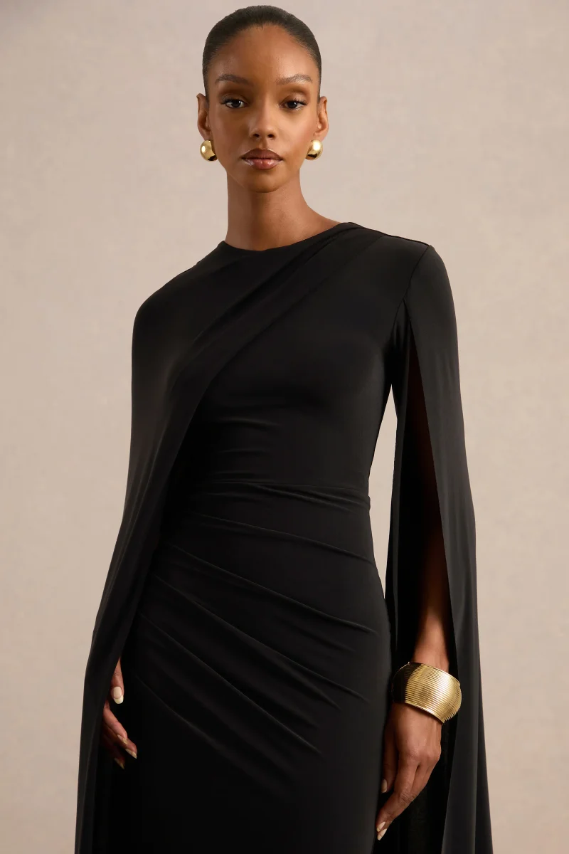 Magdelena | Vestido largo Asimétrico con Capa Negro - Imagen 5