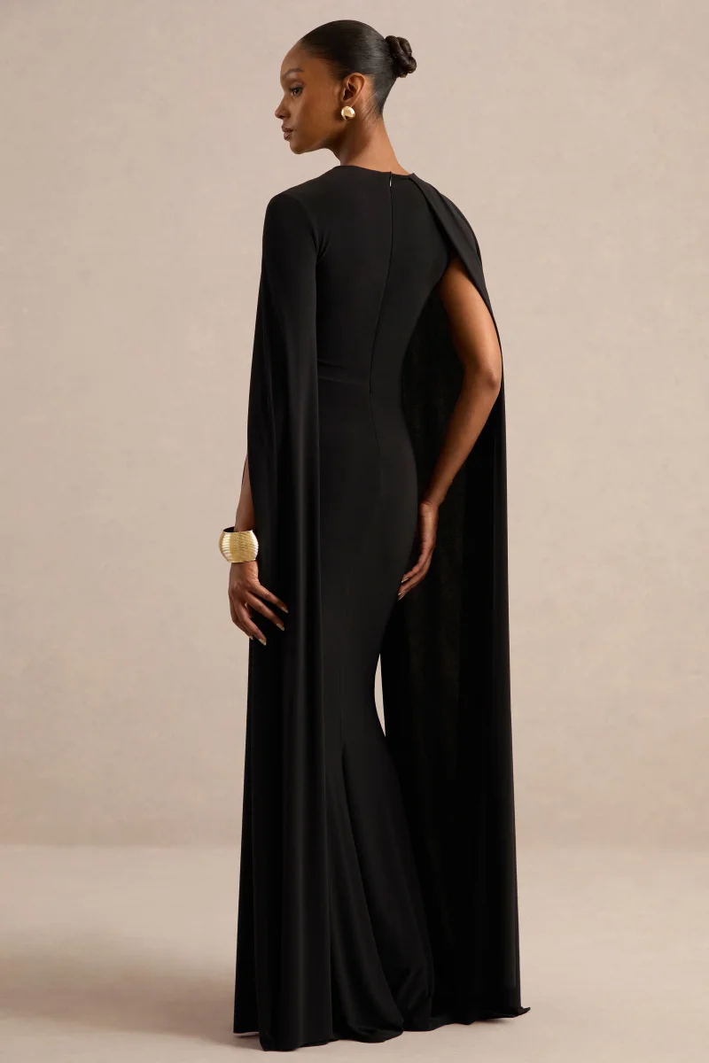Magdelena | Vestido largo Asimétrico con Capa Negro - Imagen 3