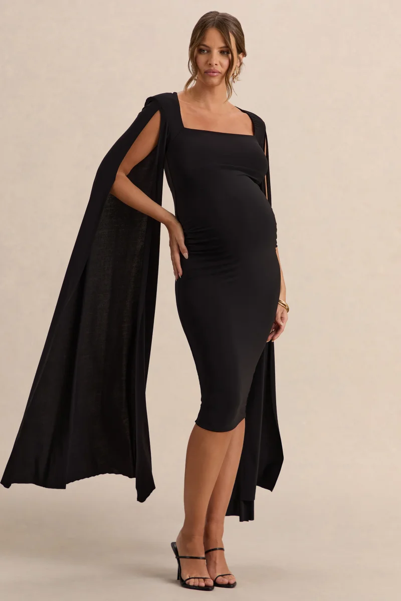 Flawless | Vestido midi premamá en negro con escote cuadrado y mangas capa - Imagen 5