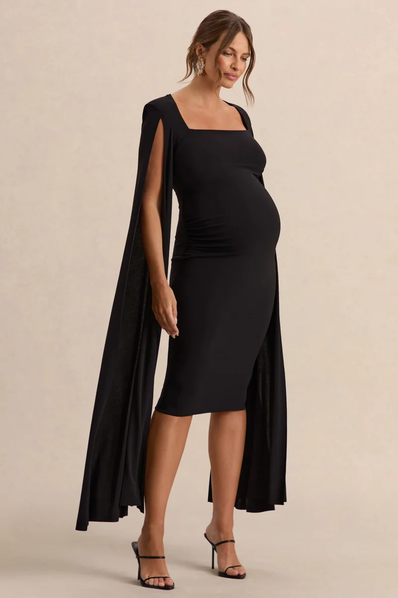 Flawless | Vestido midi premamá en negro con escote cuadrado y mangas capa - Imagen 6