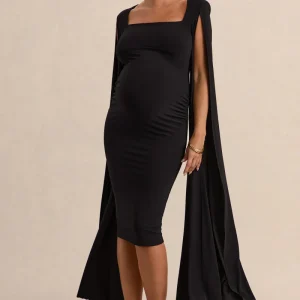 Flawless | Vestido midi premamá en negro con escote cuadrado y mangas capa