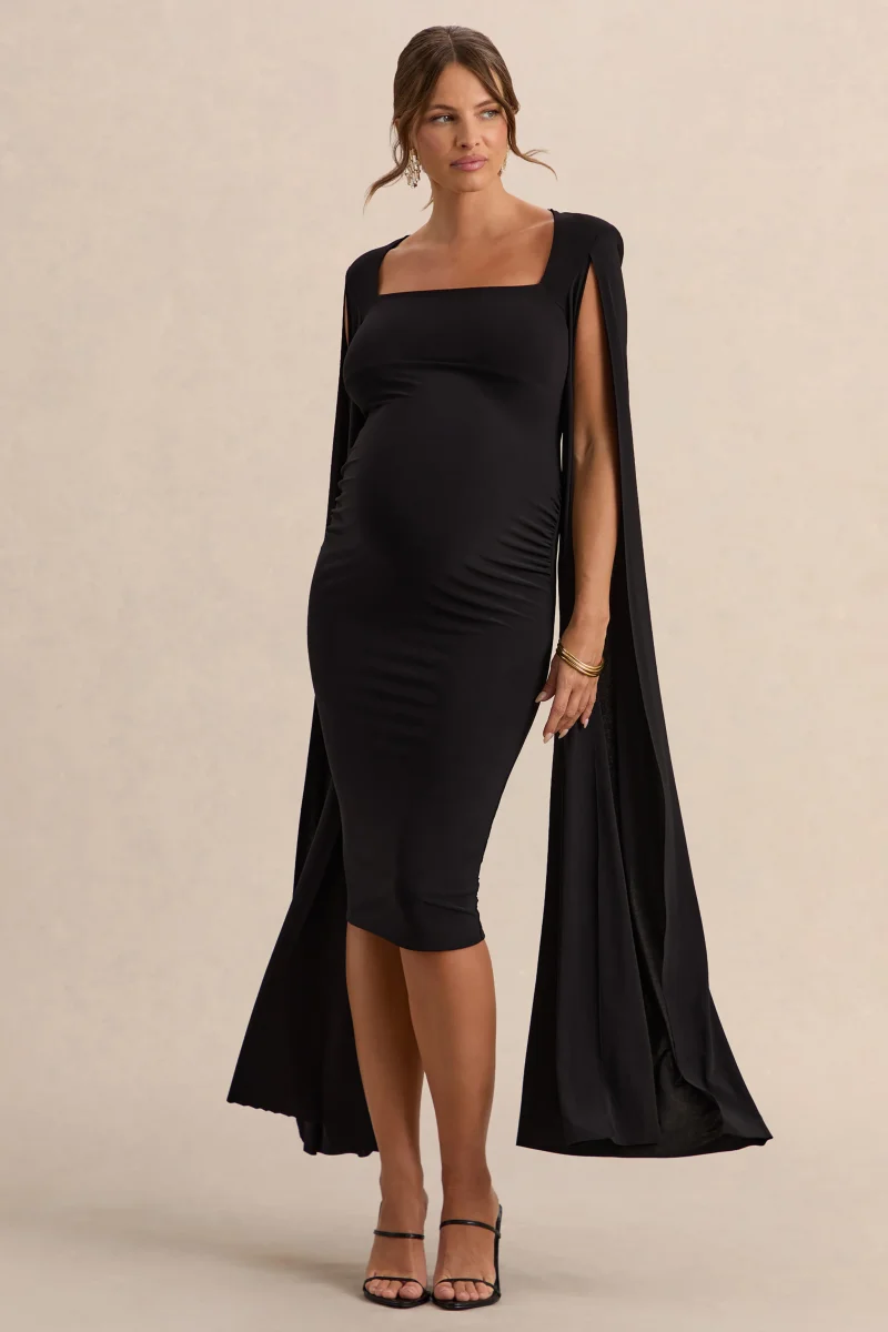 Flawless | Vestido midi premamá en negro con escote cuadrado y mangas capa