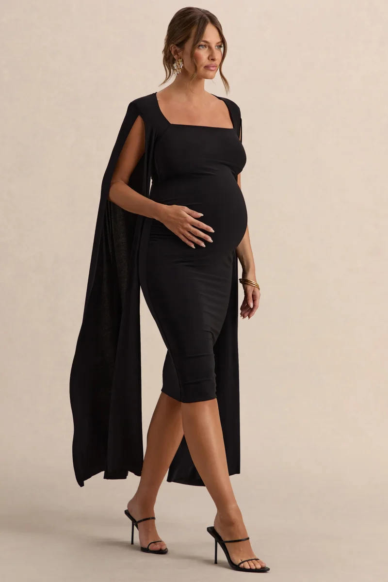 Flawless | Vestido midi premamá en negro con escote cuadrado y mangas capa - Imagen 7