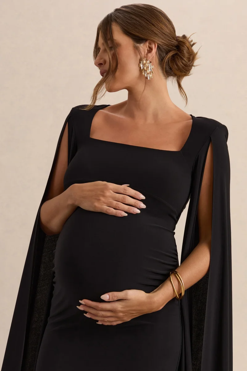 Flawless | Vestido midi premamá en negro con escote cuadrado y mangas capa - Imagen 4