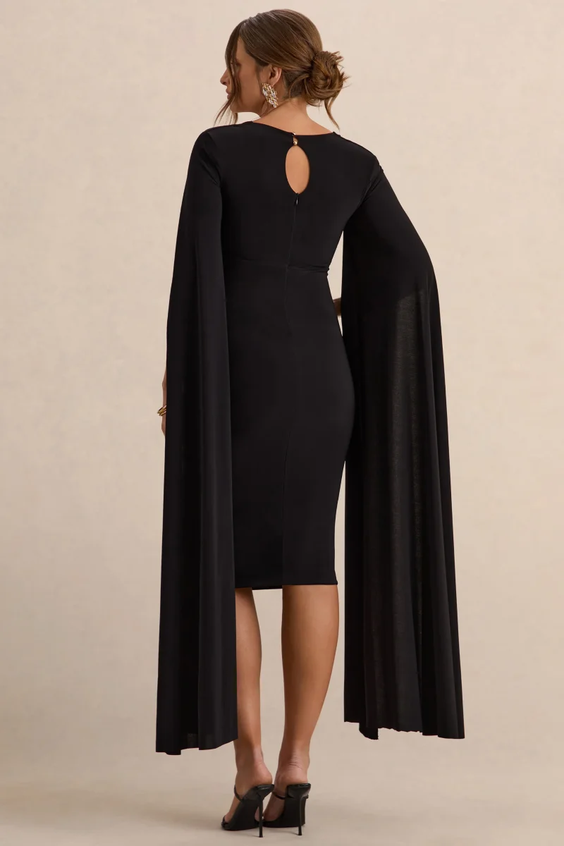 Flawless | Vestido midi premamá en negro con escote cuadrado y mangas capa - Imagen 3