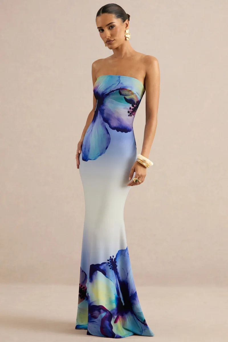 Ceremony | Vestido Largo Azul De Estampado Floral Ombré Con Escote Bandeau - Imagen 6
