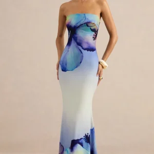 Ceremony | Vestido Largo Azul De Estampado Floral Ombré Con Escote Bandeau