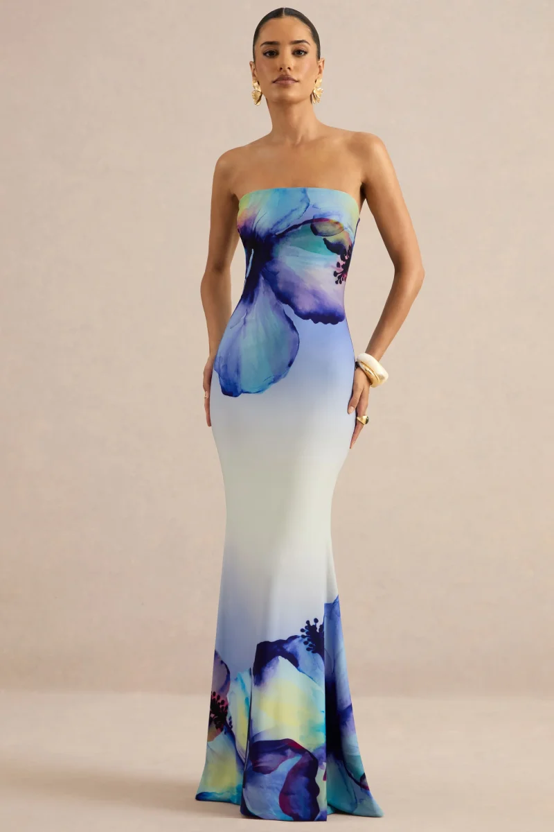 Ceremony | Vestido Largo Azul De Estampado Floral Ombré Con Escote Bandeau - Imagen 2