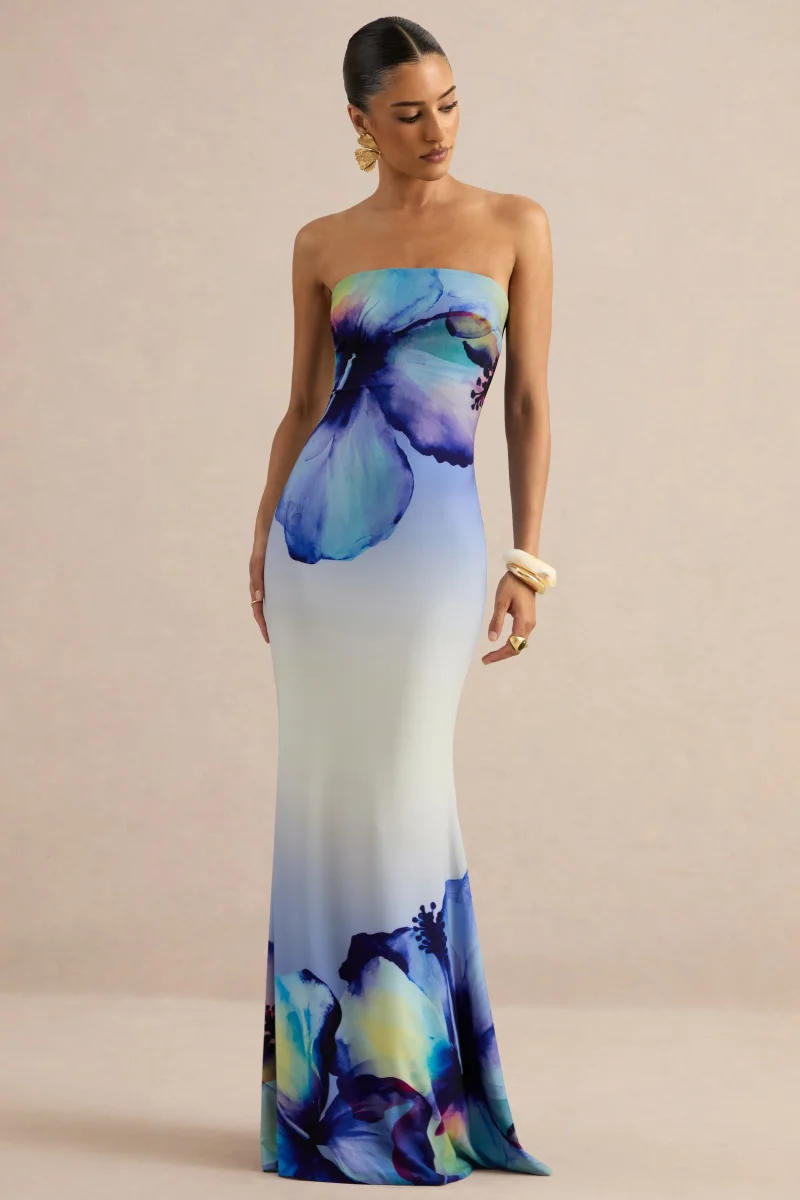 Ceremony | Vestido Largo Azul De Estampado Floral Ombré Con Escote Bandeau - Imagen 7