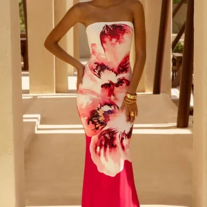 Ceremony | Vestido largo con escote bandeau de Flores Rosas Grandes