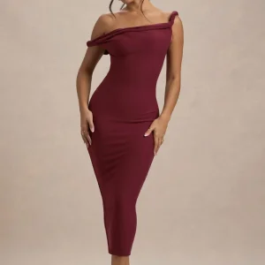 Salome | Vestido Midi burdeos con escote asimétrico retorcido