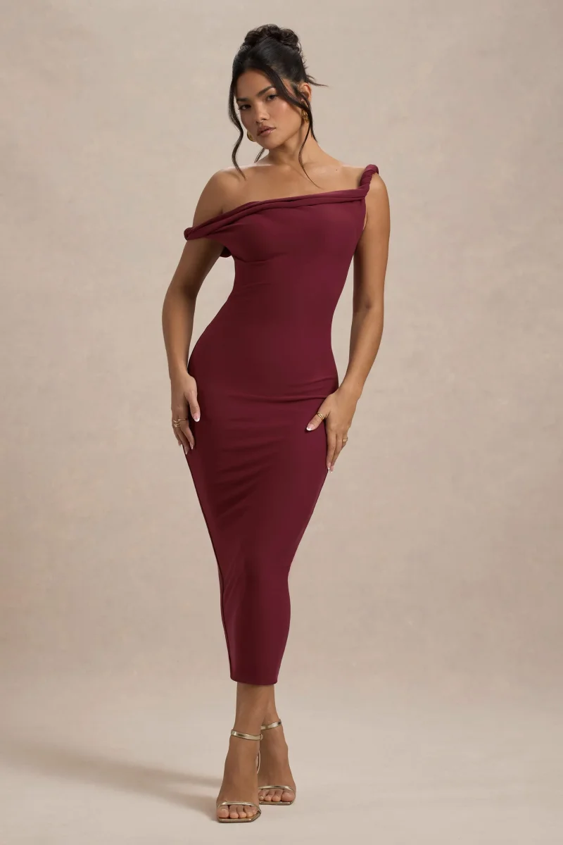 Salome | Vestido Midi burdeos con escote asimétrico retorcido