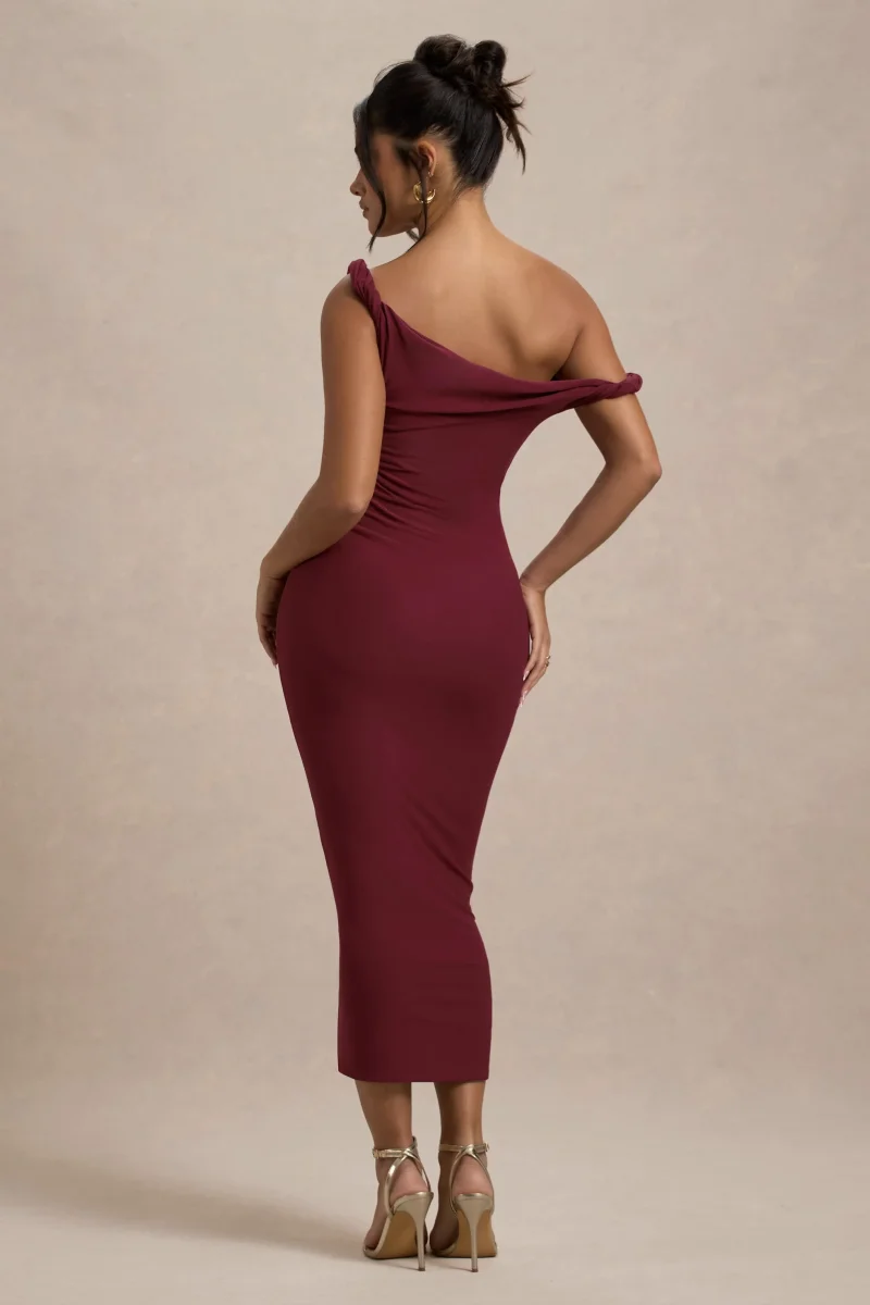 Salome | Vestido Midi burdeos con escote asimétrico retorcido - Imagen 3