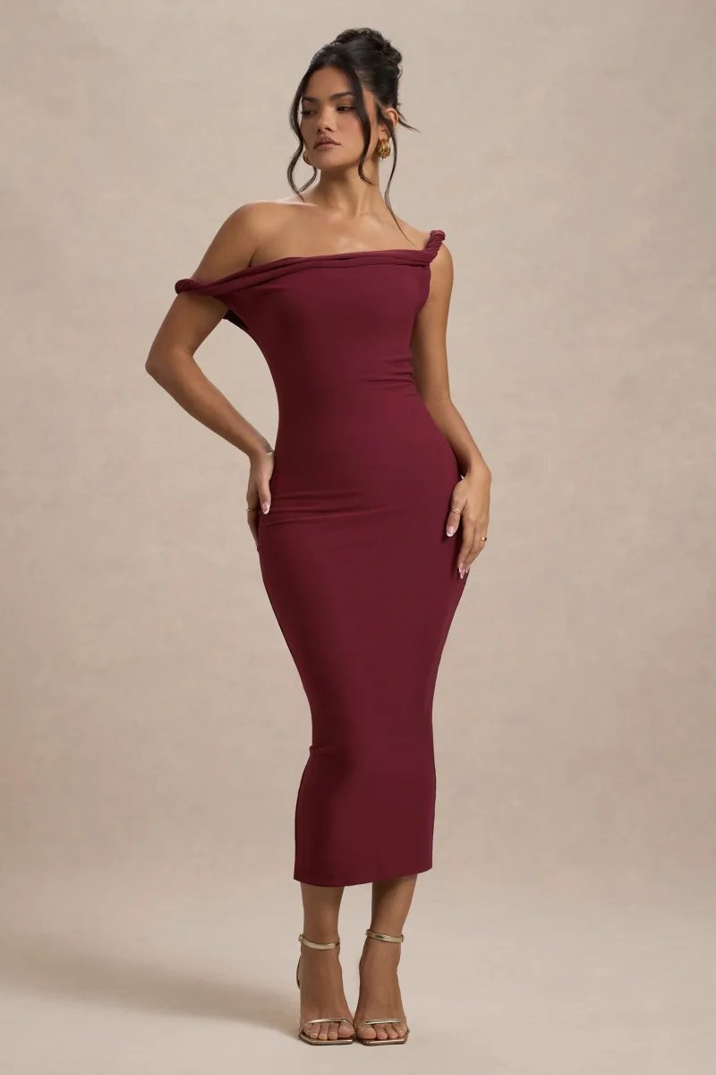 Salome | Vestido Midi burdeos con escote asimétrico retorcido - Imagen 5
