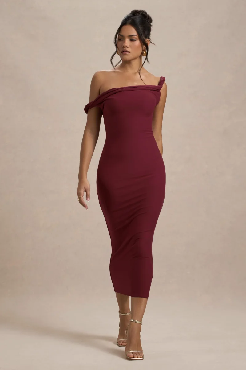 Salome | Vestido Midi burdeos con escote asimétrico retorcido - Imagen 6