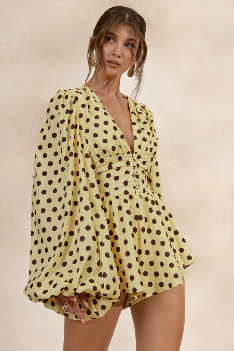 Laurel | Mono Amarillo De Lunares Con Escote En V Y Mangas Farol - Imagen 7
