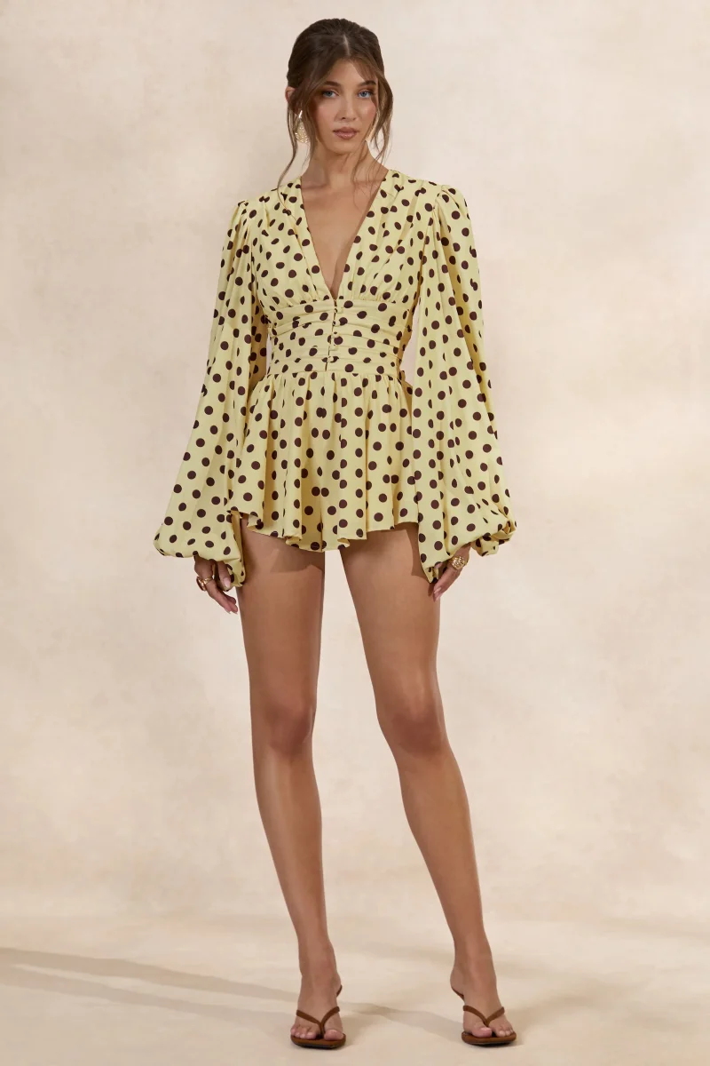 Laurel | Mono Amarillo De Lunares Con Escote En V Y Mangas Farol - Imagen 5