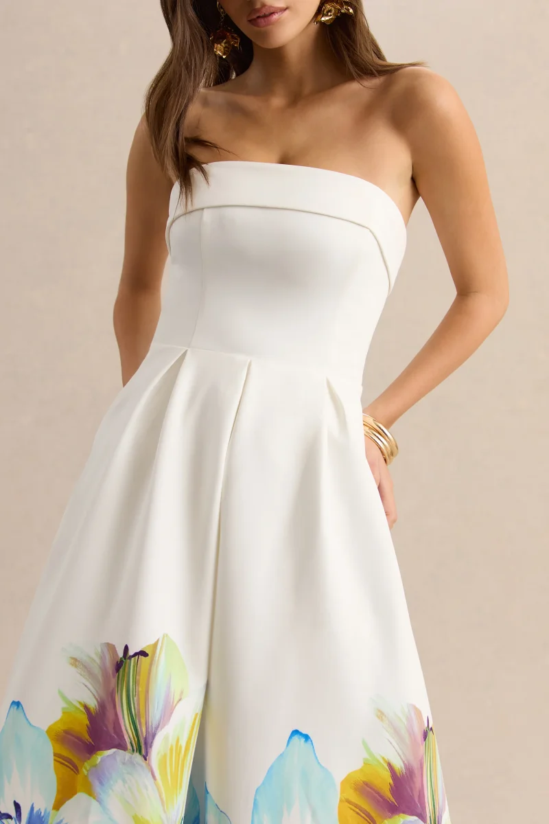 Annalise | Vestido Midi Bandeau De Crepé Elástico Premium Con Estampado Floral Azul Y Amarillo - Imagen 4