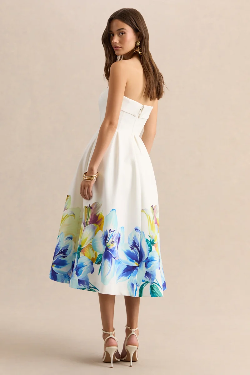 Annalise | Vestido Midi Bandeau De Crepé Elástico Premium Con Estampado Floral Azul Y Amarillo - Imagen 3