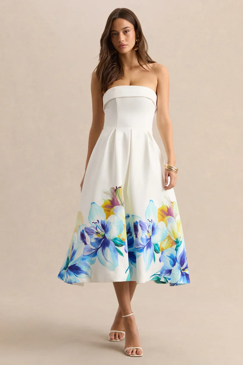 Annalise | Vestido Midi Bandeau De Crepé Elástico Premium Con Estampado Floral Azul Y Amarillo - Imagen 5